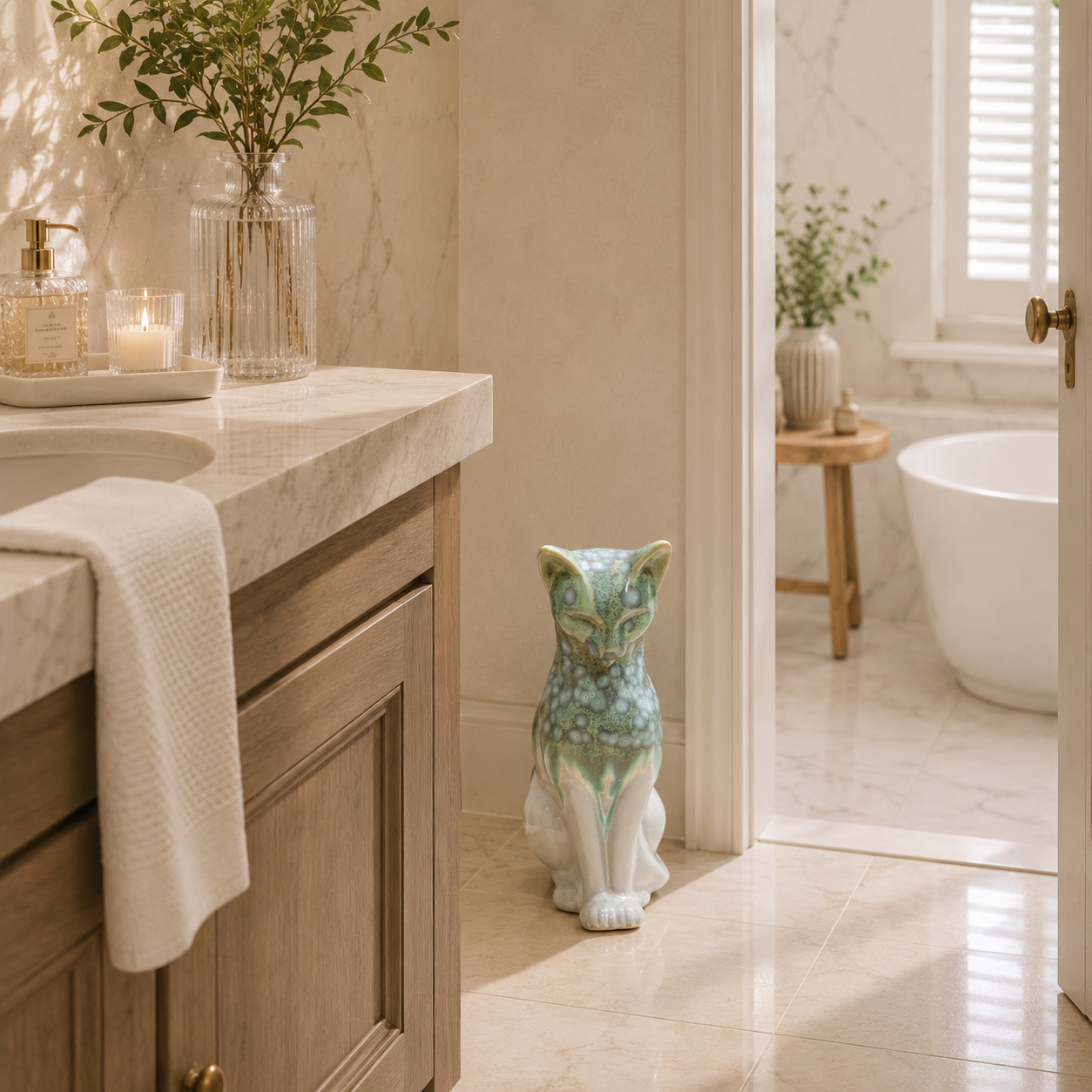 Handmade Porcelain Cat Figurine (Ivory White with Sage Green Crystalline Glaze)