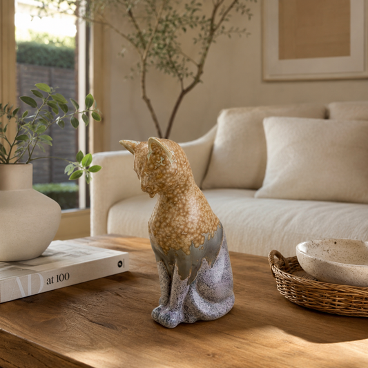 Handmade Porcelain Cat Figurine (Amber Speckled with Lavender Accent Glaze)