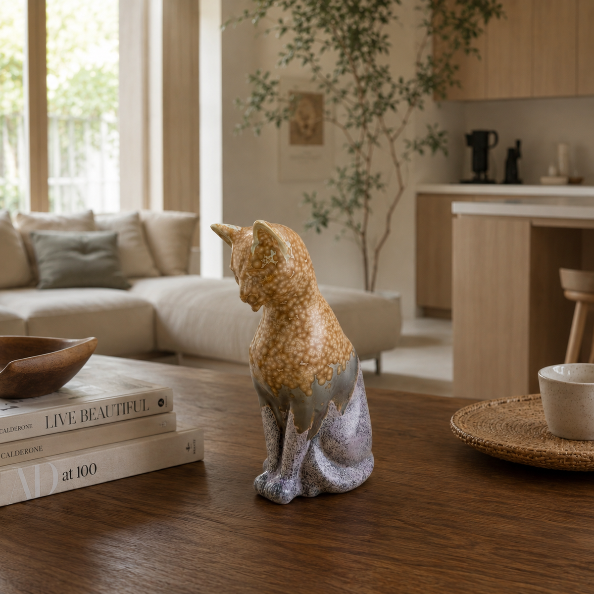Handmade Porcelain Cat Figurine (Amber Speckled with Lavender Accent Glaze)