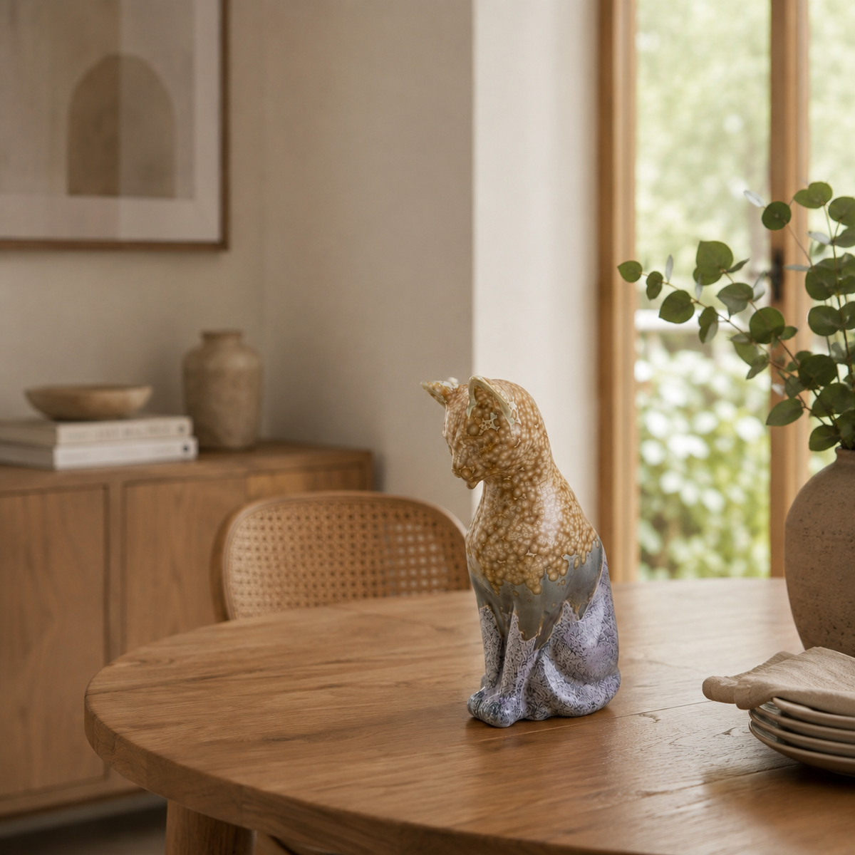 Handmade Porcelain Cat Figurine (Amber Speckled with Lavender Accent Glaze)