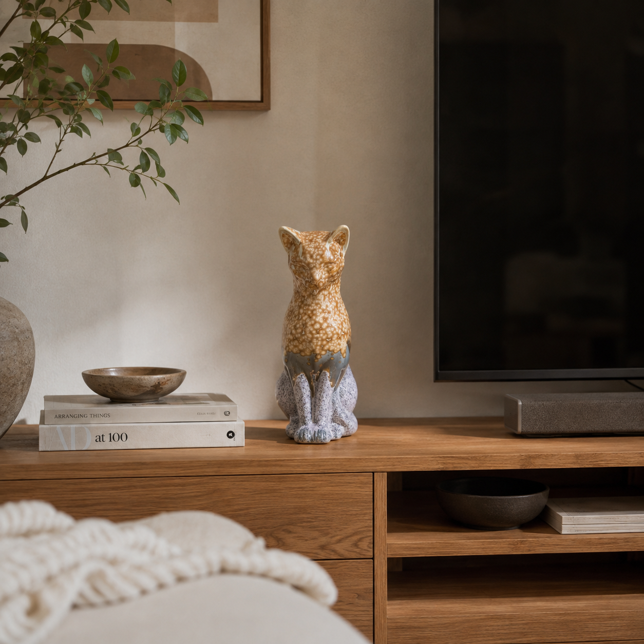 Handmade Porcelain Cat Figurine (Amber Speckled with Lavender Accent Glaze)