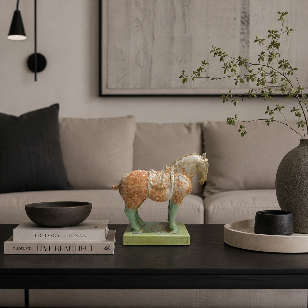 Handmade Porcelain Royal Horse Figurine (Amber Beige & Sage Green Crystalline Glaze)