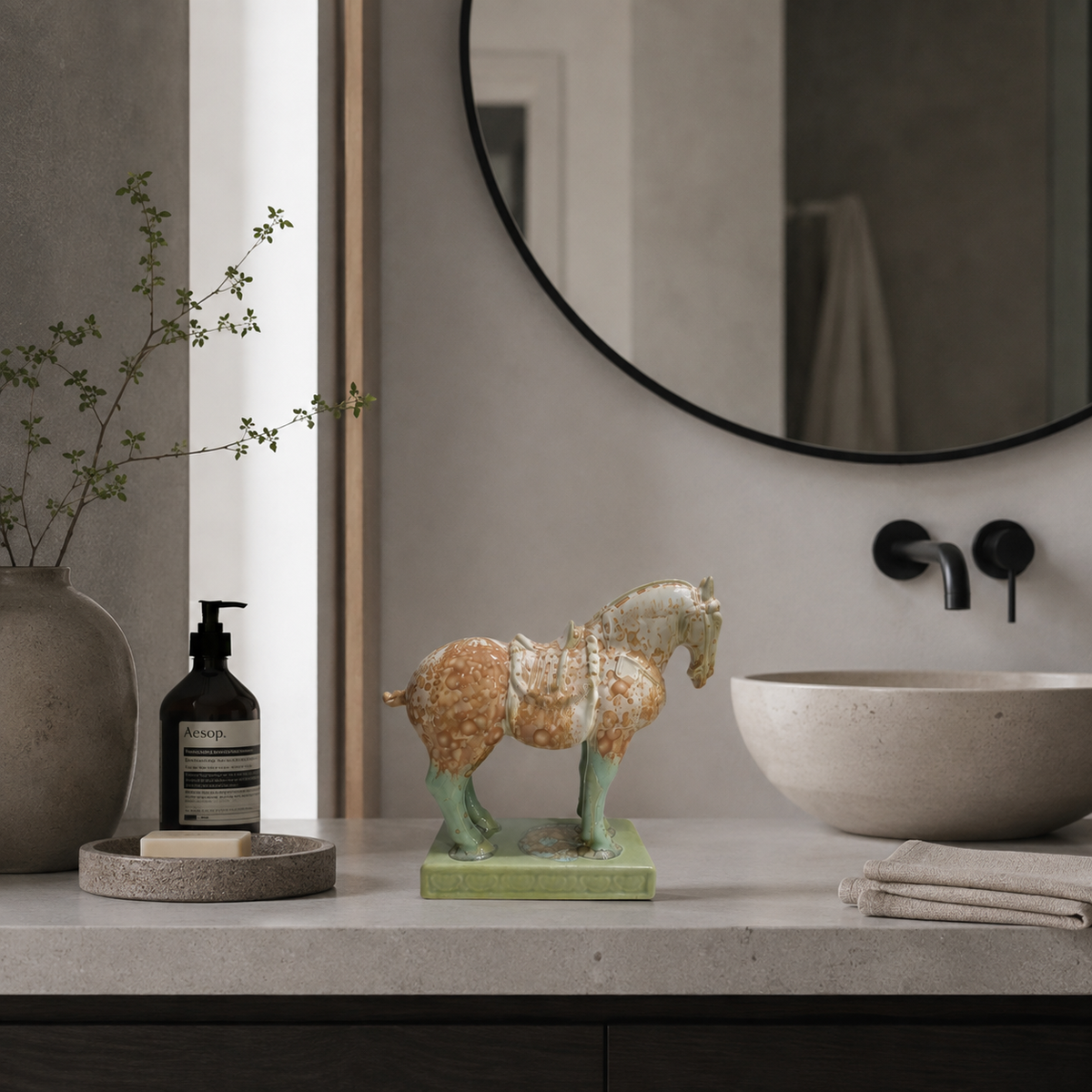 Handmade Porcelain Royal Horse Figurine (Amber Beige & Sage Green Crystalline Glaze)