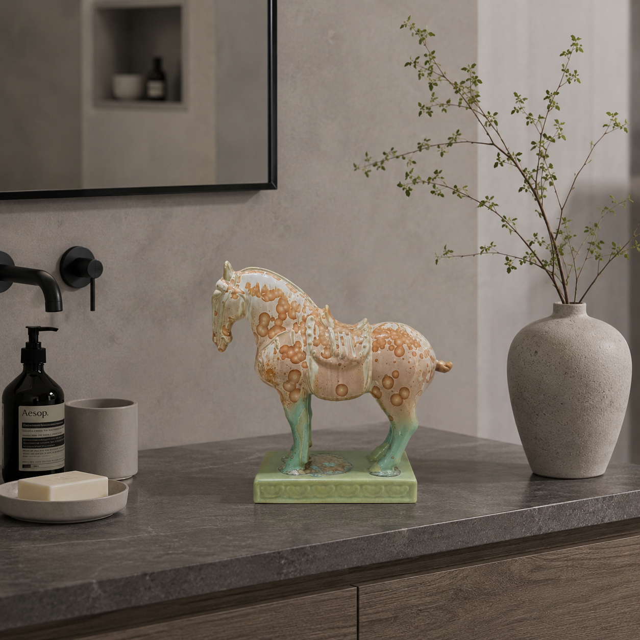 Handmade Porcelain Royal Horse Figurine (Amber Beige & Sage Green Crystalline Glaze)