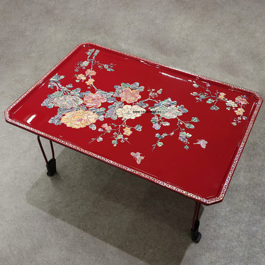 Mother-of-Pearl Inlaid Korean Lacquer Wooden Coffee Table with Foldable feet 500mm [Red] 𝟏𝟑% 𝐎𝐅𝐅