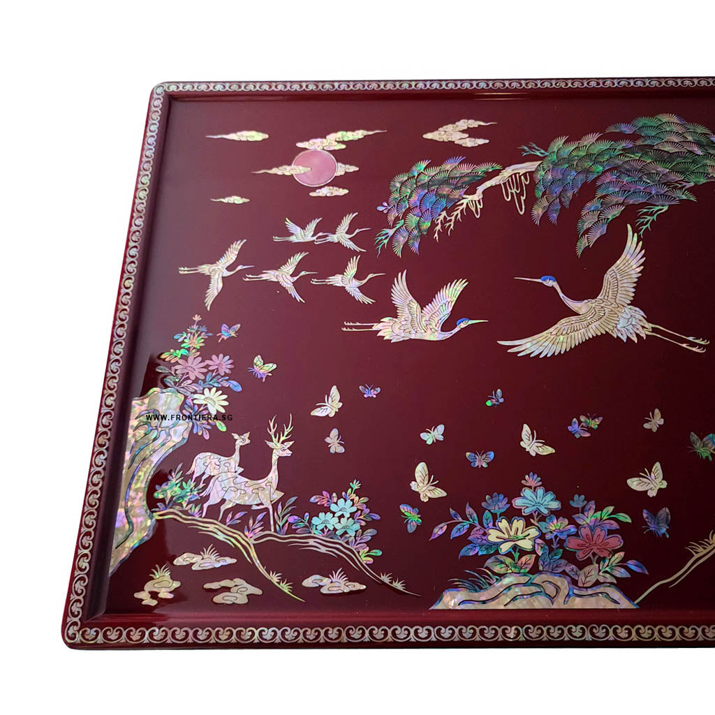 Mother-of-Pearl Inlaid Korean Lacquer Wooden Coffee Table with Foldable feet [Red] 𝟭𝟬% 𝗢𝗙𝗙