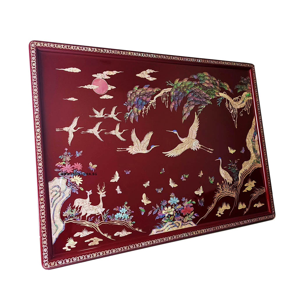 Mother-of-Pearl Inlaid Korean Lacquer Wooden Coffee Table with Foldable feet [Red] 𝟭𝟬% 𝗢𝗙𝗙