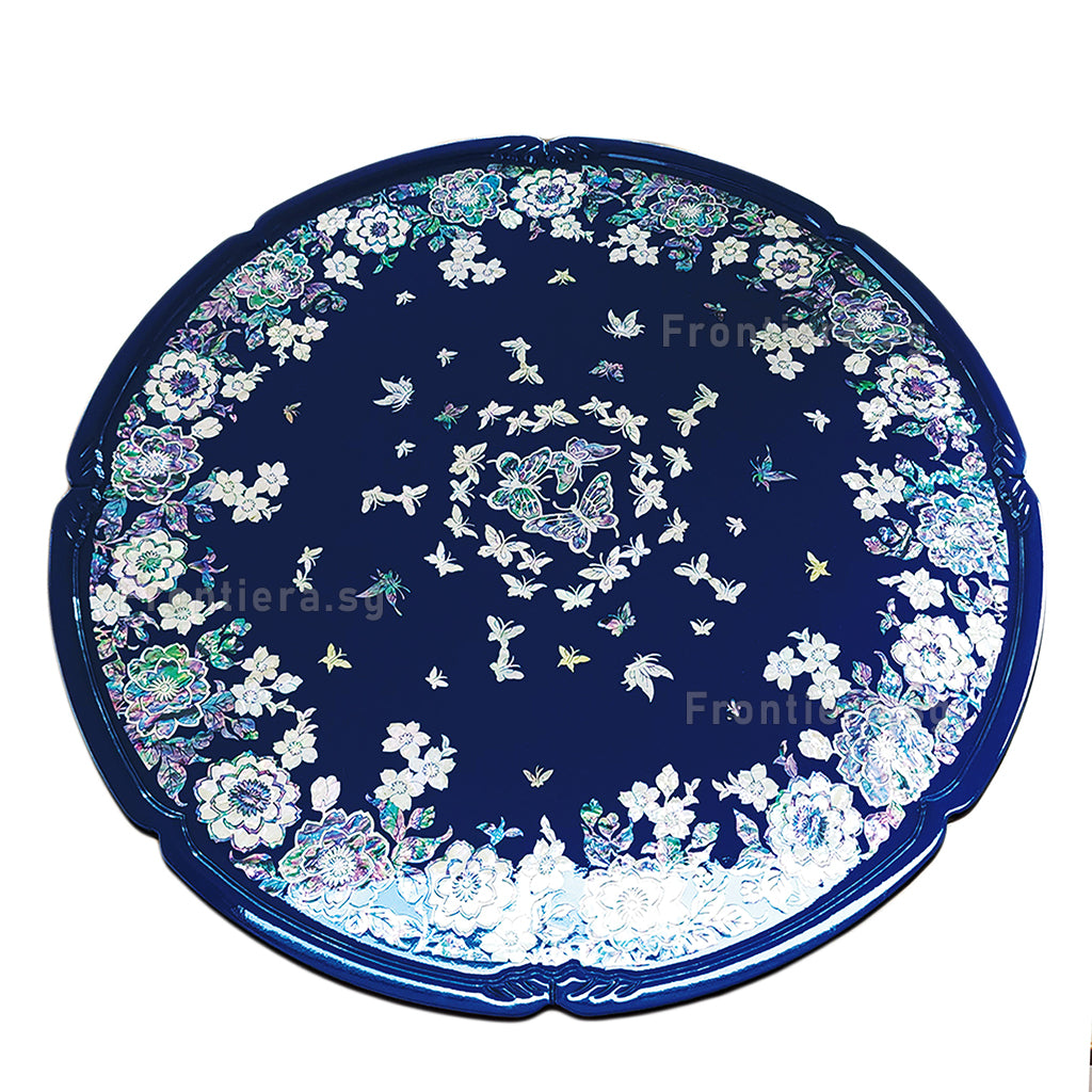 Mother-of-Pearl Inlaid Korean Lacquer Wooden Coffee Table with Foldable feet 455mm [Blue] 𝟱% 𝗢𝗙𝗙