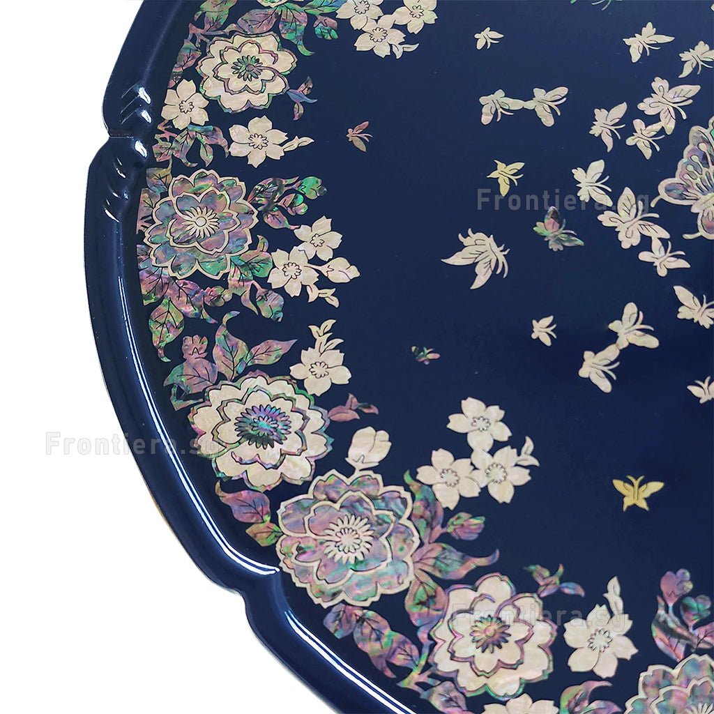 Mother-of-Pearl Inlaid Korean Lacquer Wooden Coffee Table with Foldable feet [Blue]