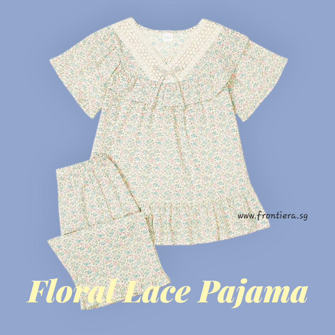 Cotton Floral Lace Pajama 2P Set [Cream]