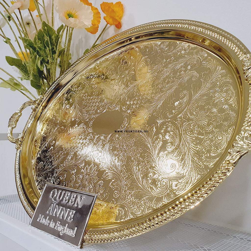 [England Silverware] Gold Plated Shallow Large Oval Serving Tray with Handle 505mm