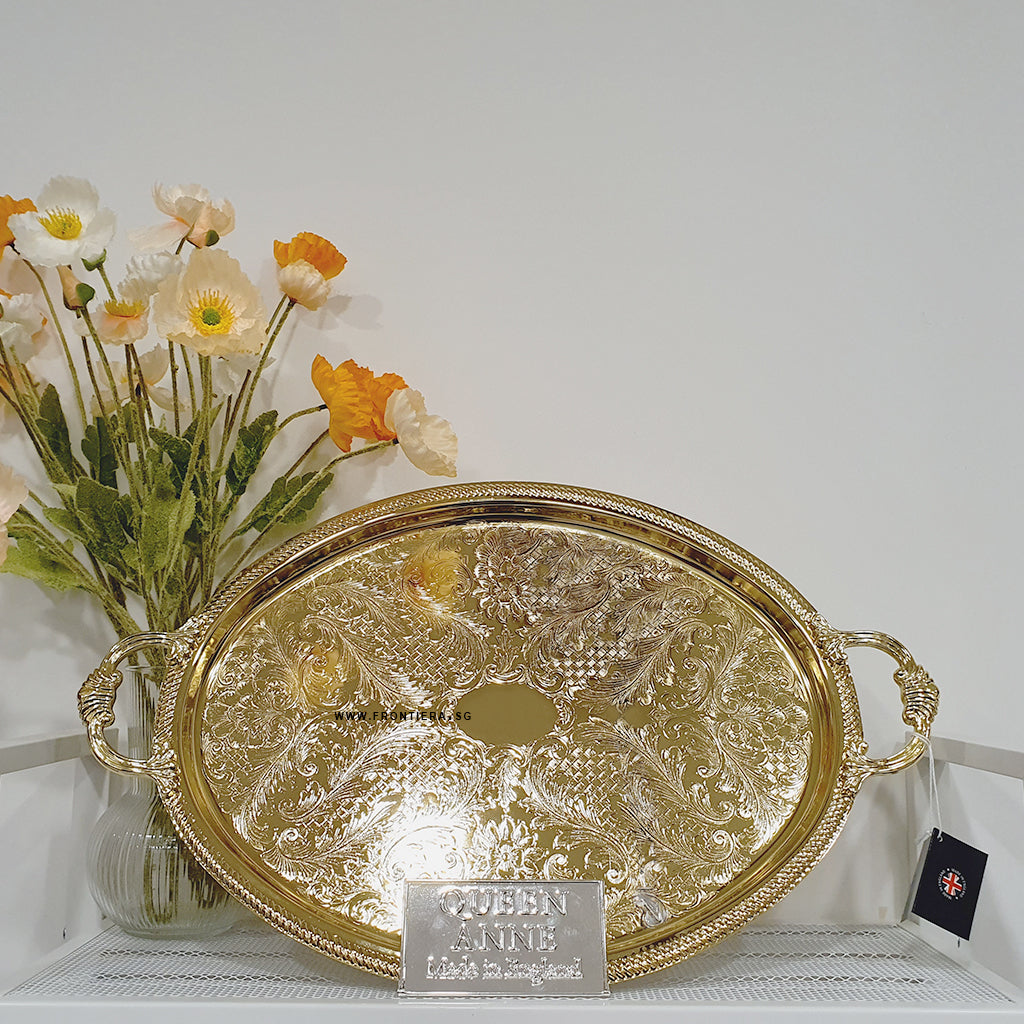 [England Silverware] Gold Plated Shallow Large Oval Serving Tray with Handle 505mm