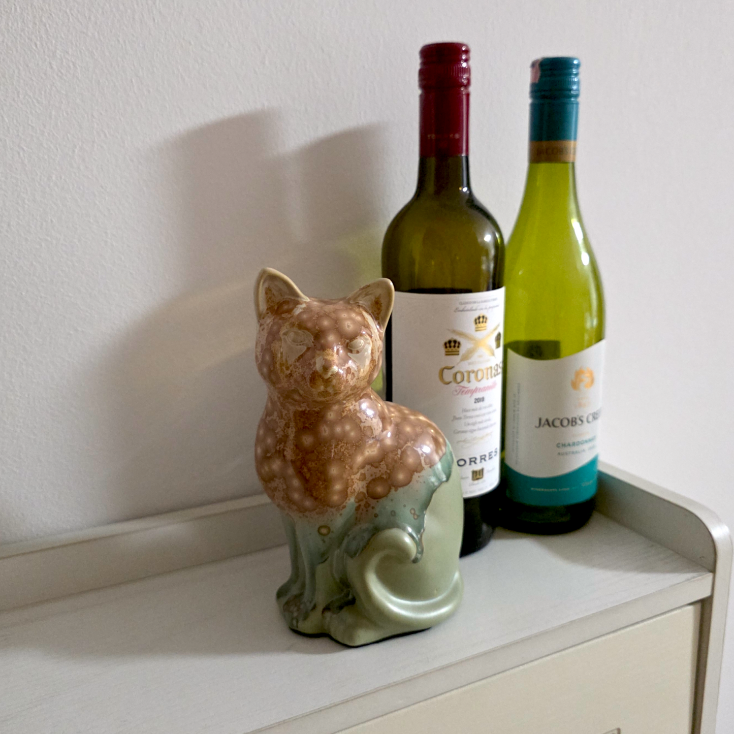 Handmade Porcelain Little Cat Figurine (Amber Speckled with Sage Green Glaze)