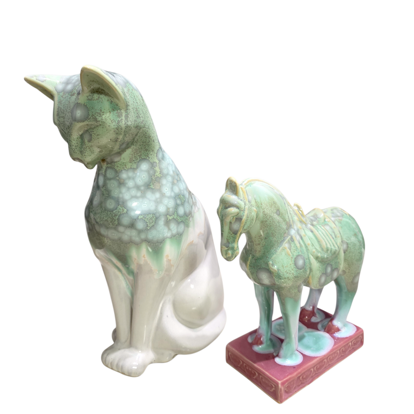 Handmade Porcelain Cat Figurine (Ivory White with Sage Green Crystalline Glaze)