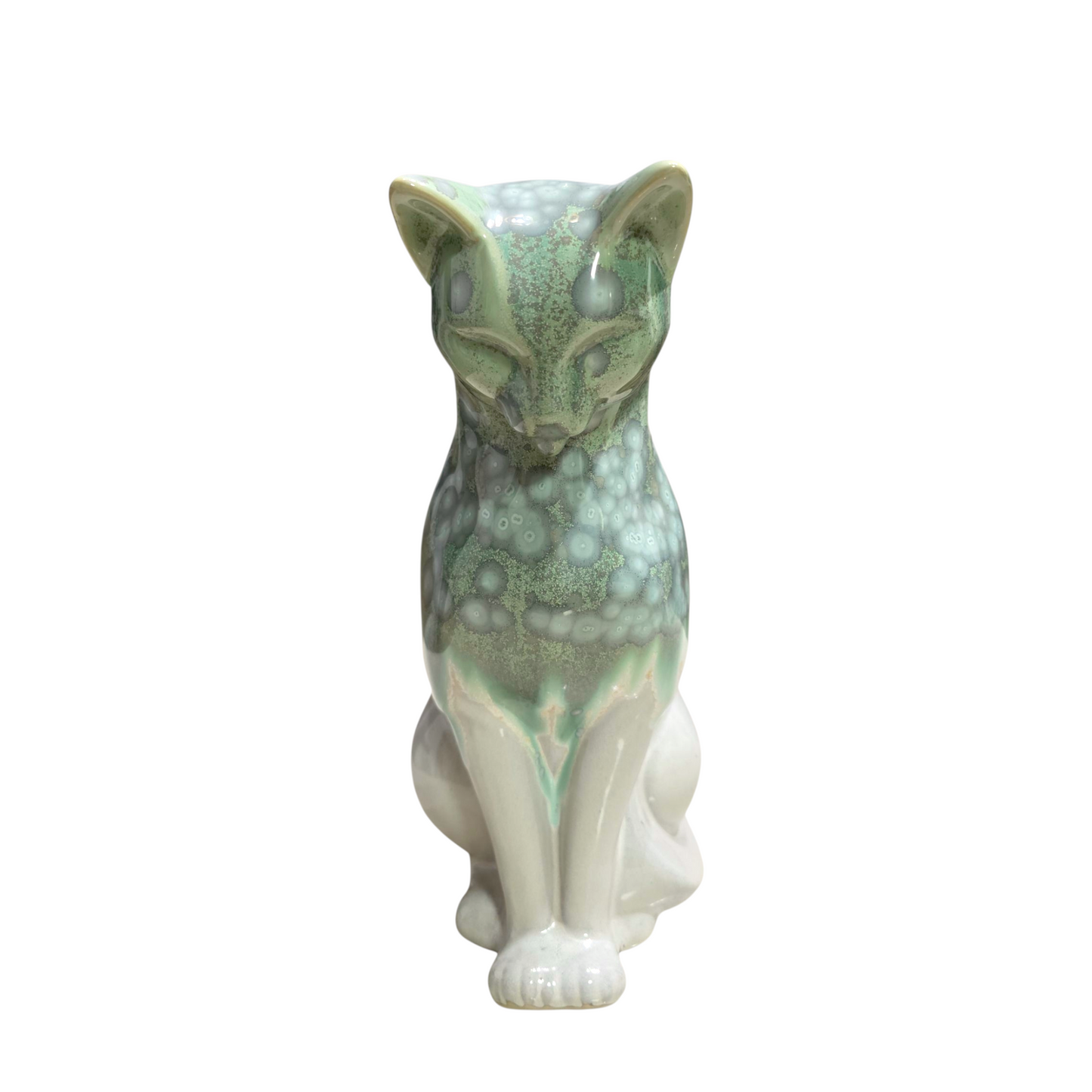 Handmade Porcelain Cat Figurine (Ivory White with Sage Green Crystalline Glaze)