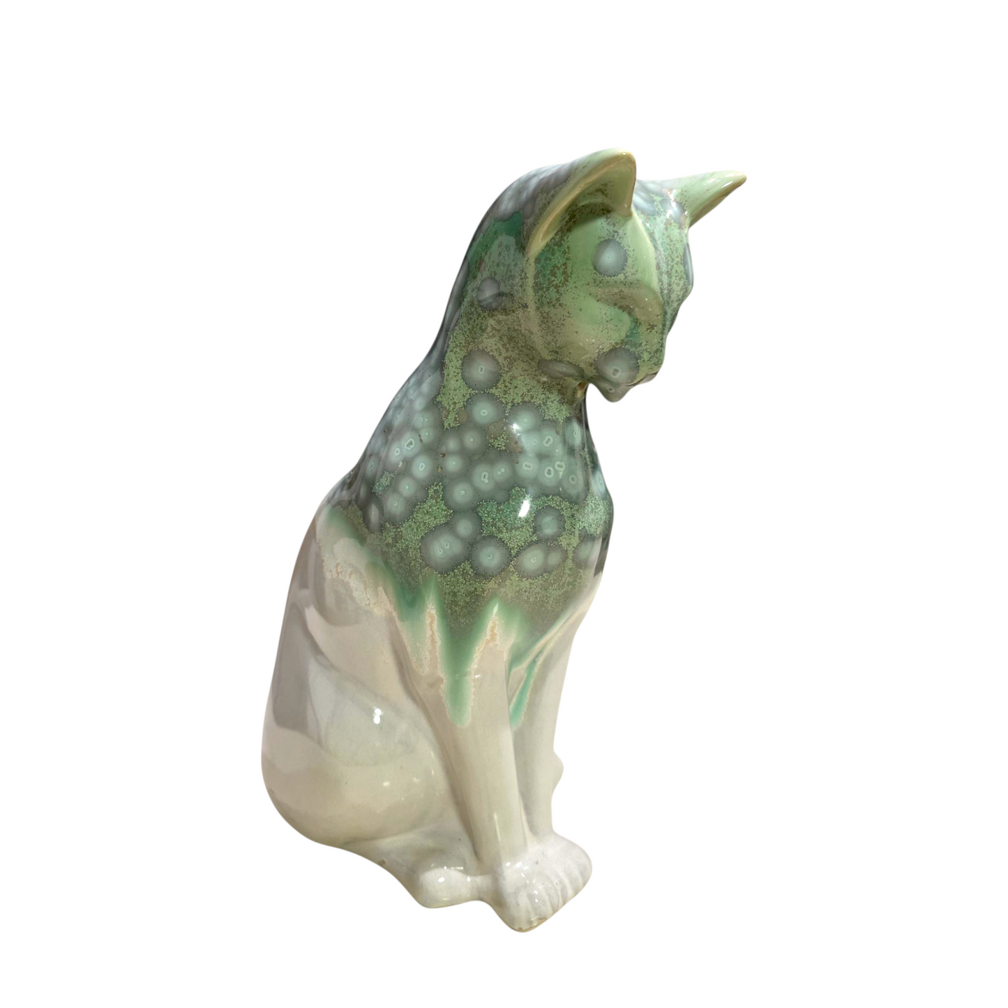 Handmade Porcelain Cat Figurine (Ivory White with Sage Green Crystalline Glaze)