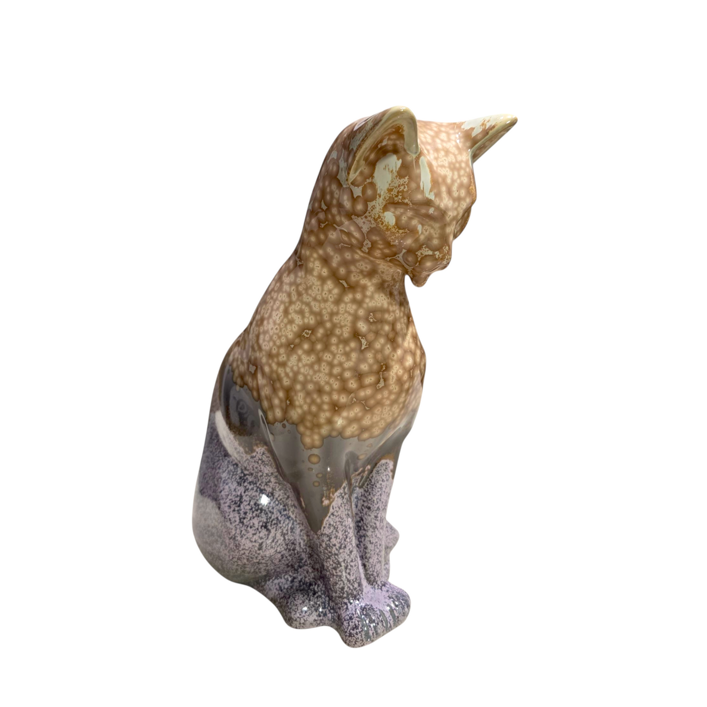 Handmade Porcelain Cat Figurine (Amber Speckled with Lavender Accent Glaze)