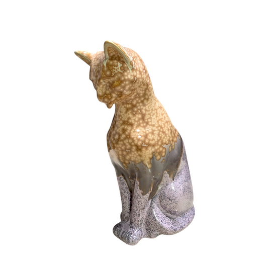 Handmade Porcelain Cat Figurine (Amber Speckled with Lavender Accent Glaze)