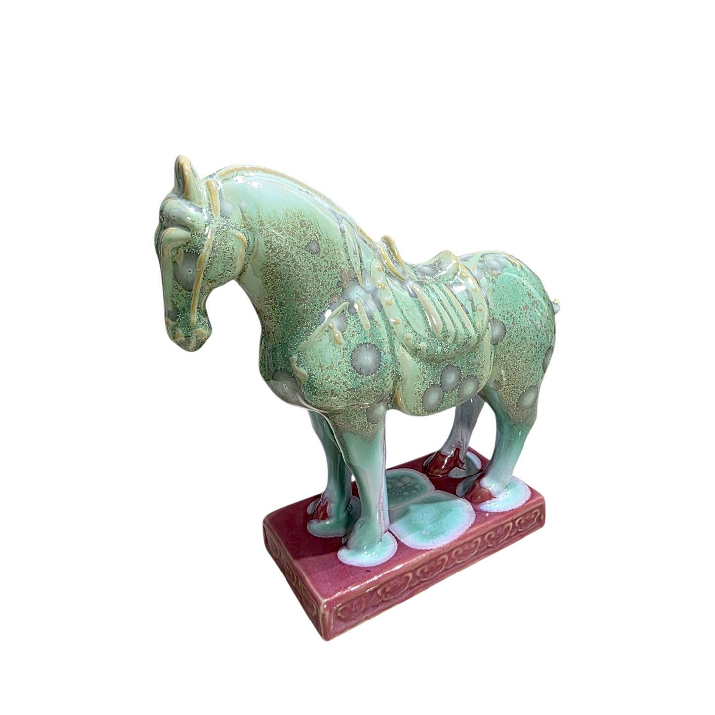 Handmade Porcelain Royal Horse Figurine (Seafoam Green & Rose Pink Crystalline Glaze)