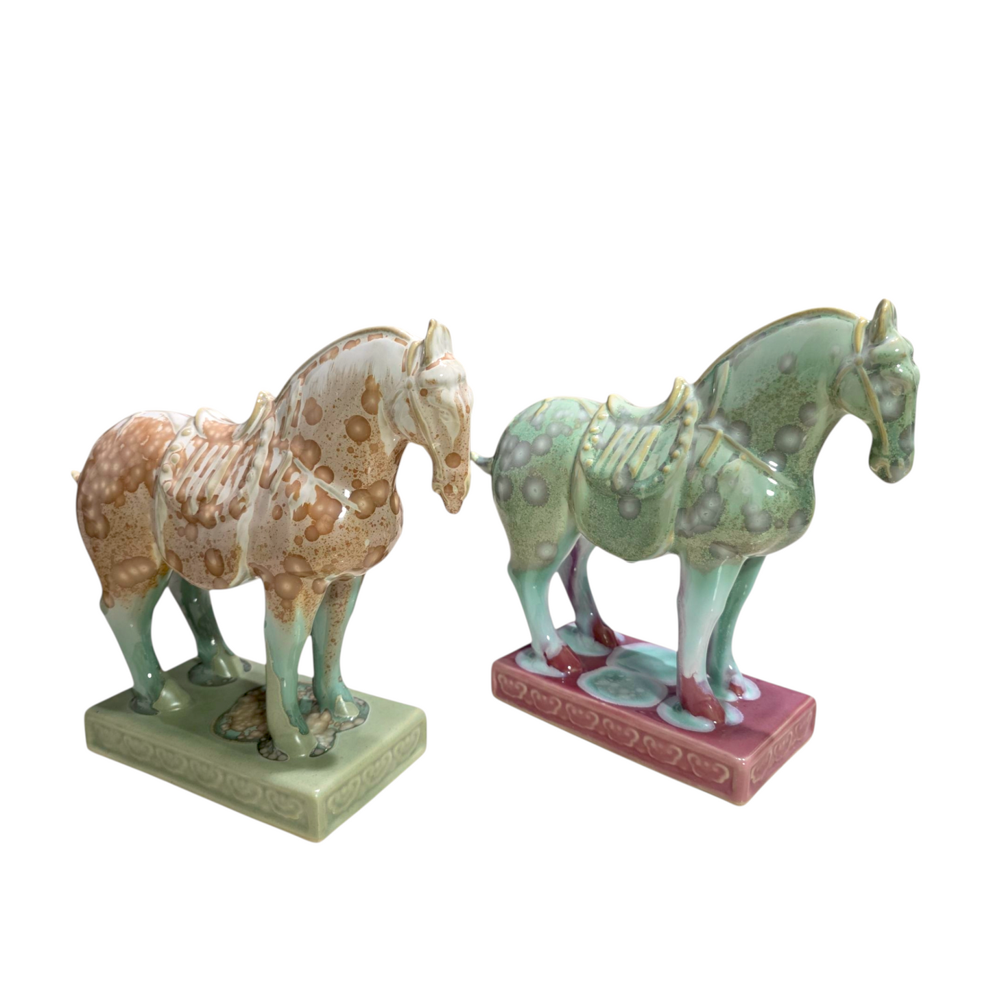 Handmade Porcelain Royal Horse Figurine (Seafoam Green & Rose Pink Crystalline Glaze)