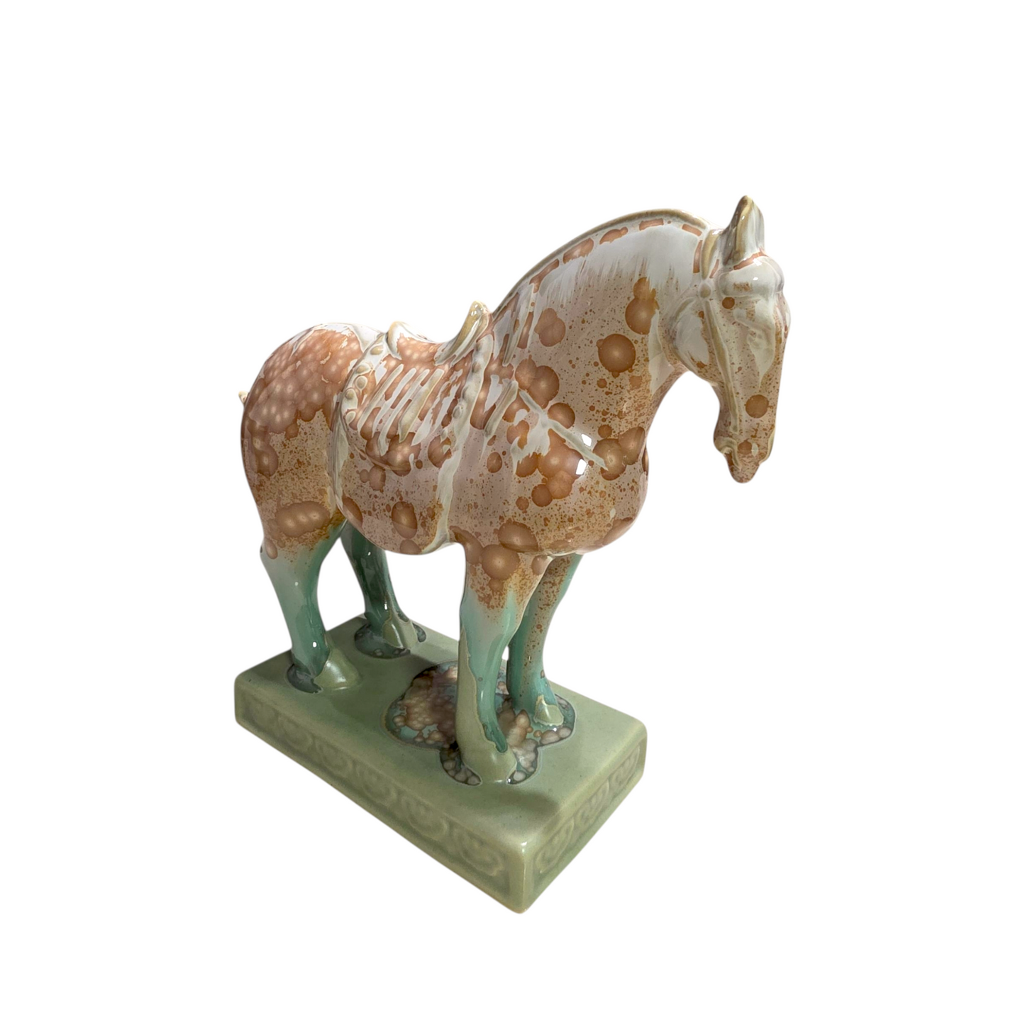 Handmade Porcelain Royal Horse Figurine (Amber Beige & Sage Green Crystalline Glaze)