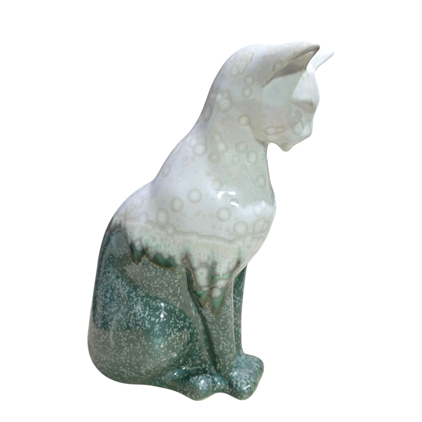 Handmade Porcelain Cat Figurine (Pale Ivory with Seafoam Green Crystalline Glaze)