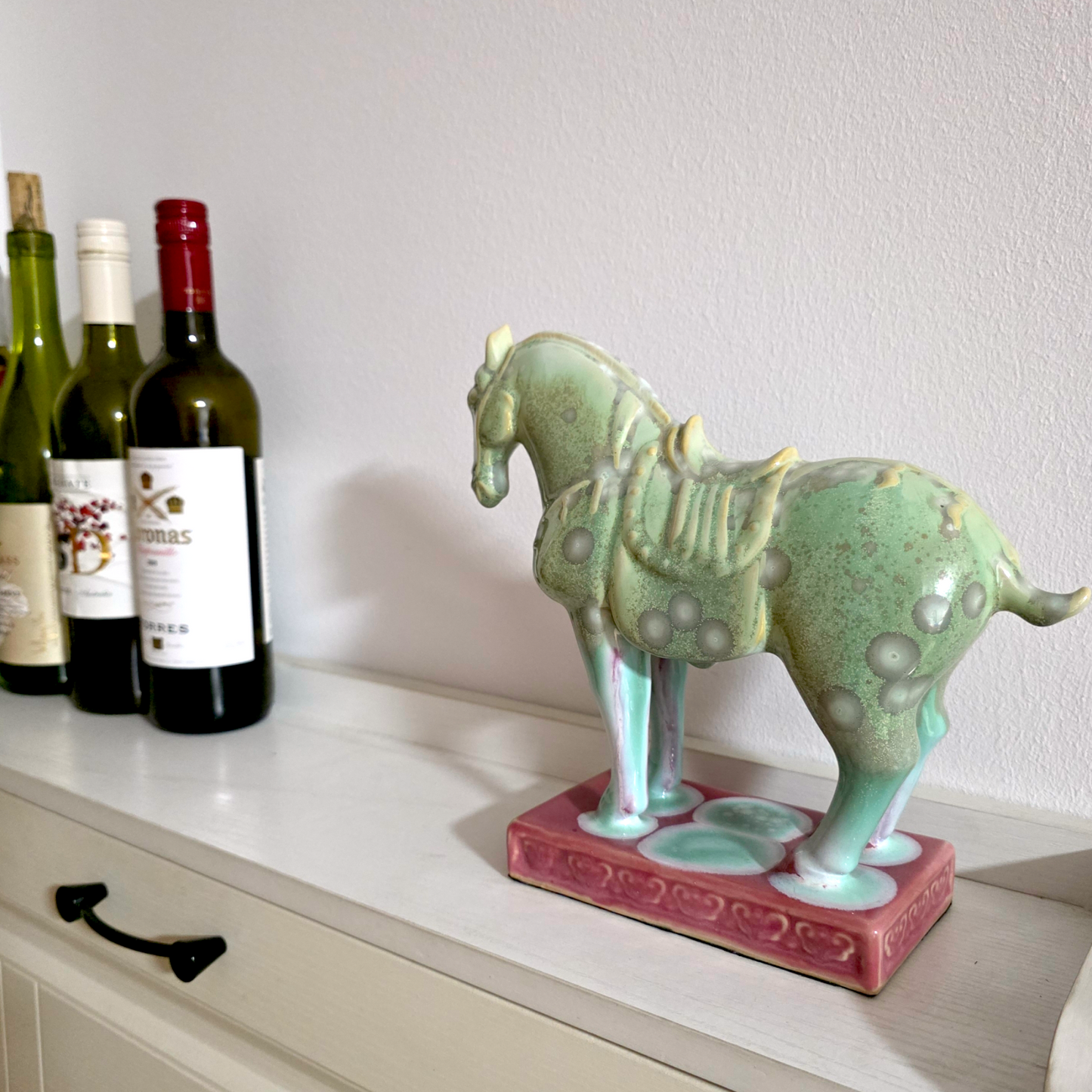 Handmade Porcelain Royal Horse Figurine (Seafoam Green & Rose Pink Crystalline Glaze)