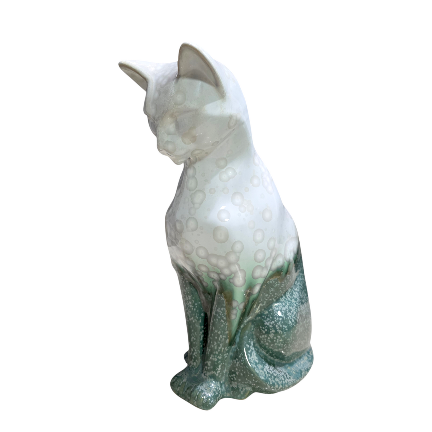 Handmade Porcelain Cat Figurine (Pale Ivory with Seafoam Green Crystalline Glaze)