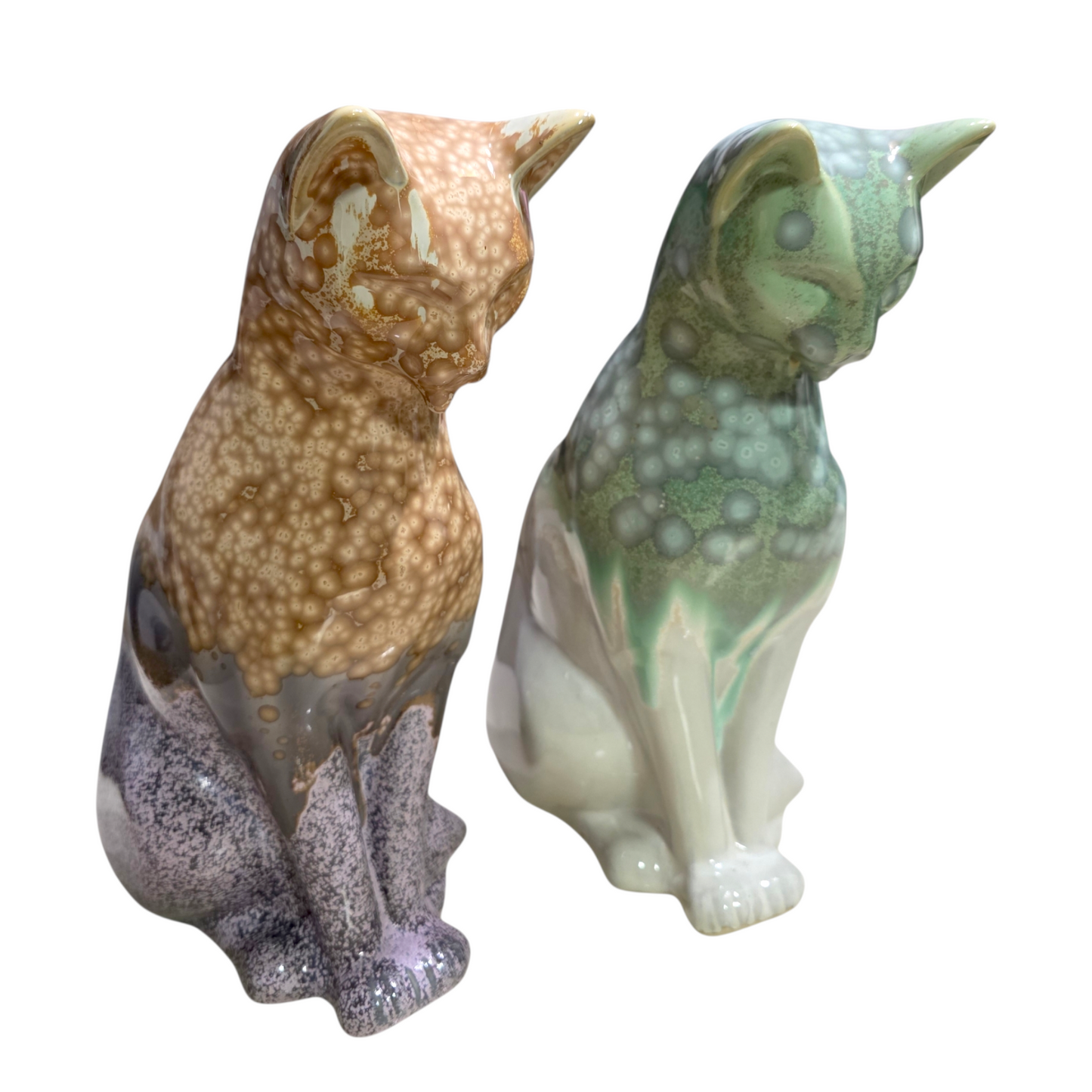 Handmade Porcelain Cat Figurine (Ivory White with Sage Green Crystalline Glaze)