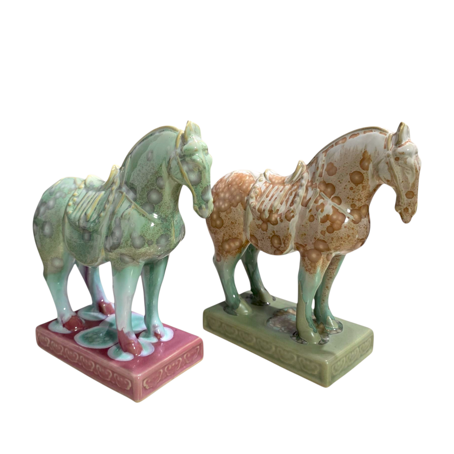 Handmade Porcelain Royal Horse Figurine (Seafoam Green & Rose Pink Crystalline Glaze)