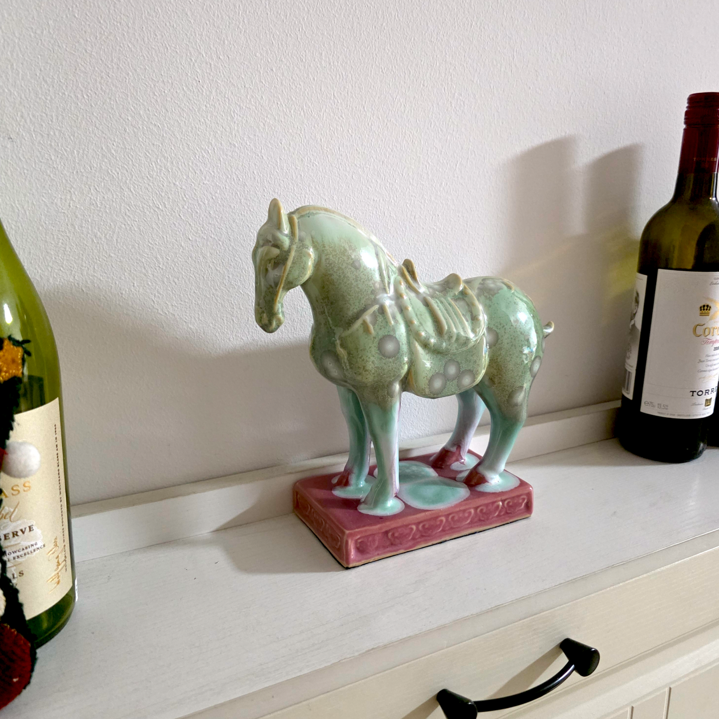 Handmade Porcelain Royal Horse Figurine (Seafoam Green & Rose Pink Crystalline Glaze)