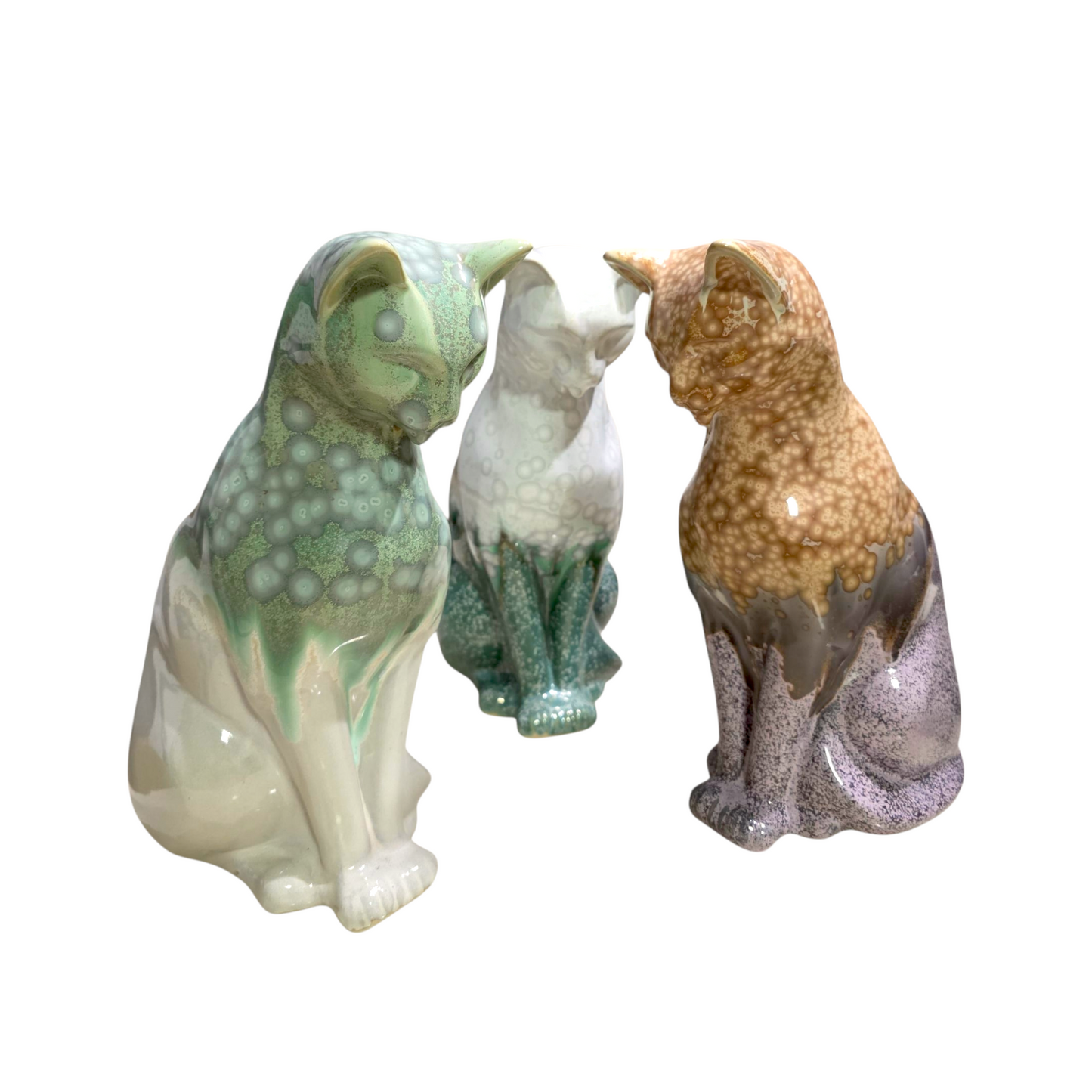 Handmade Porcelain Cat Figurine (Ivory White with Sage Green Crystalline Glaze)