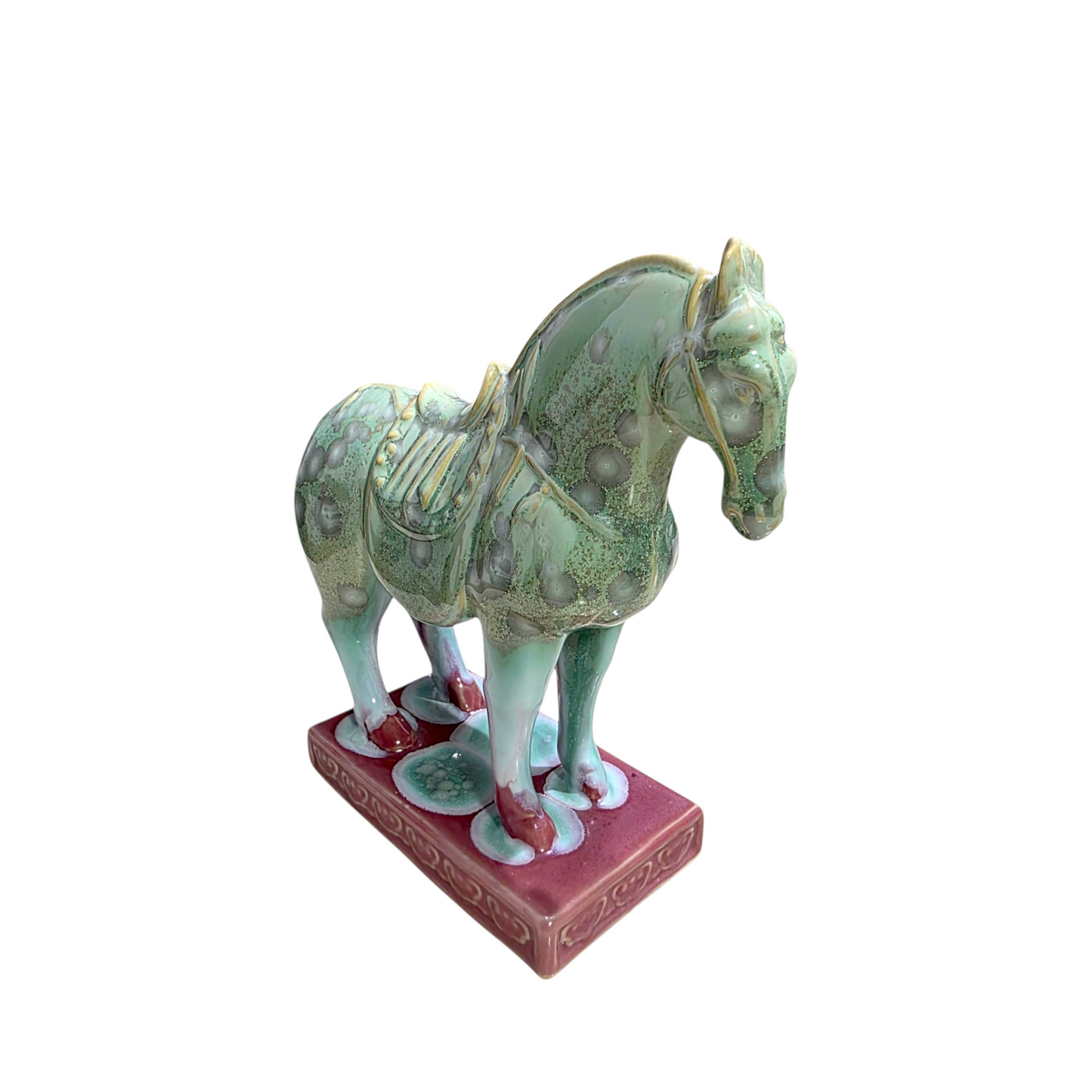 Handmade Porcelain Royal Horse Figurine (Seafoam Green & Rose Pink Crystalline Glaze)