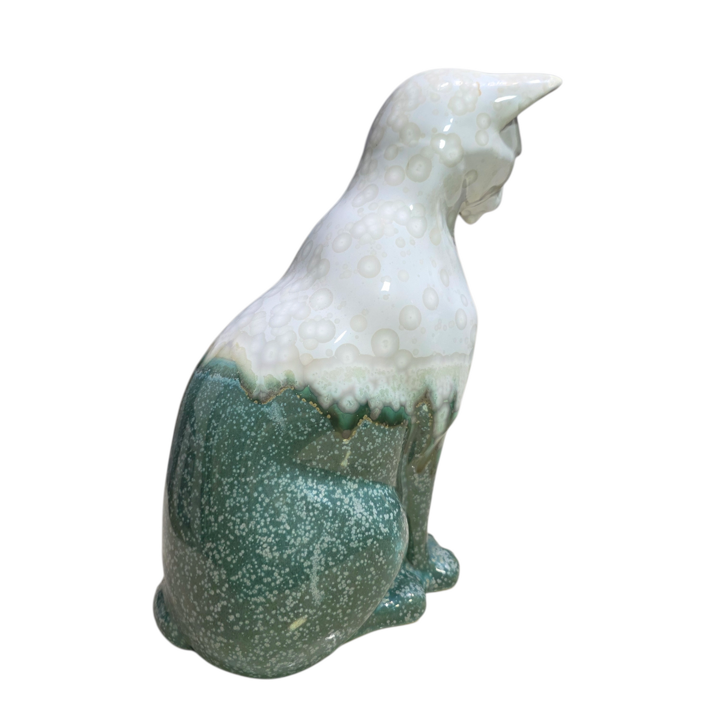 Handmade Porcelain Cat Figurine (Pale Ivory with Seafoam Green Crystalline Glaze)