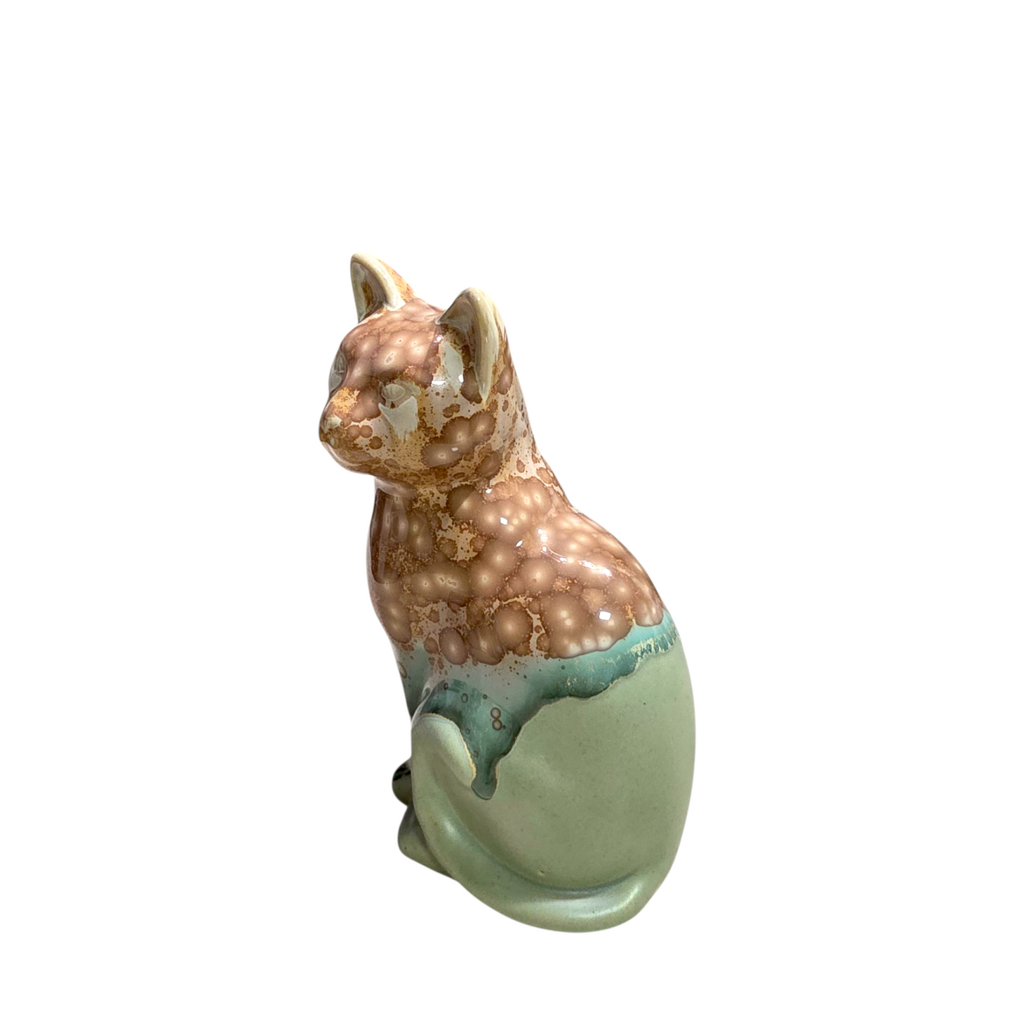 Handmade Porcelain Little Cat Figurine (Amber Speckled with Sage Green Glaze)