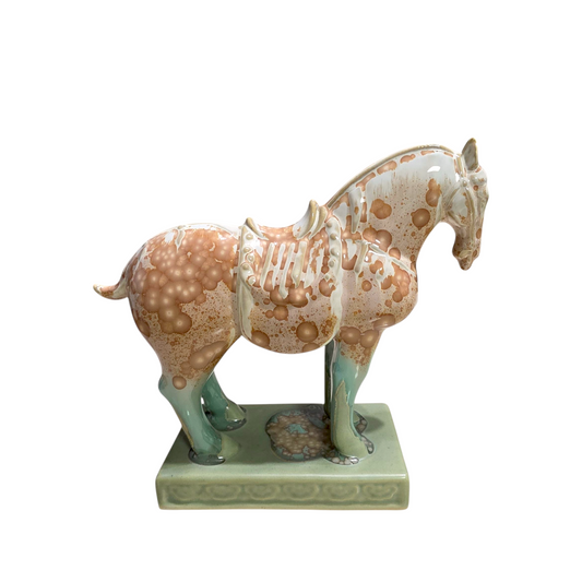 Handmade Porcelain Royal Horse Figurine (Amber Beige & Sage Green Crystalline Glaze)