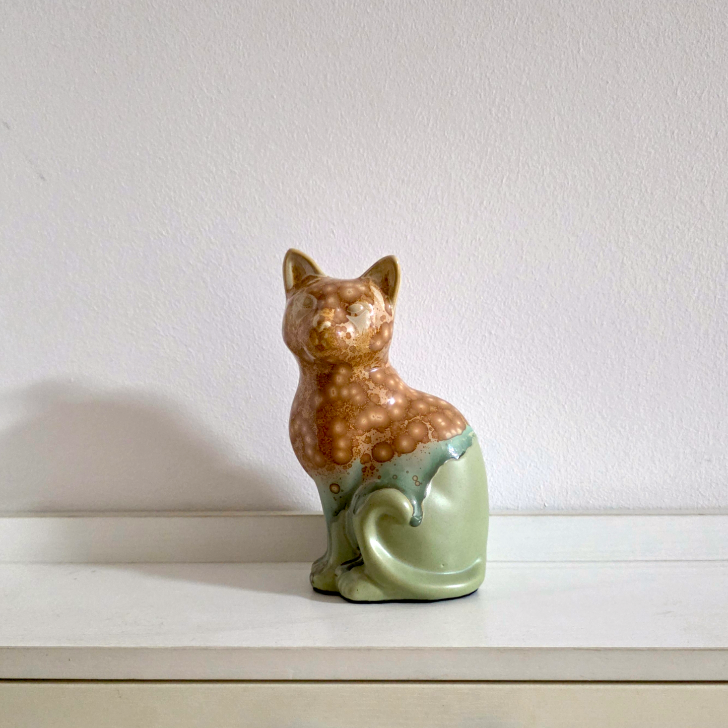 Handmade Porcelain Little Cat Figurine (Amber Speckled with Sage Green Glaze)