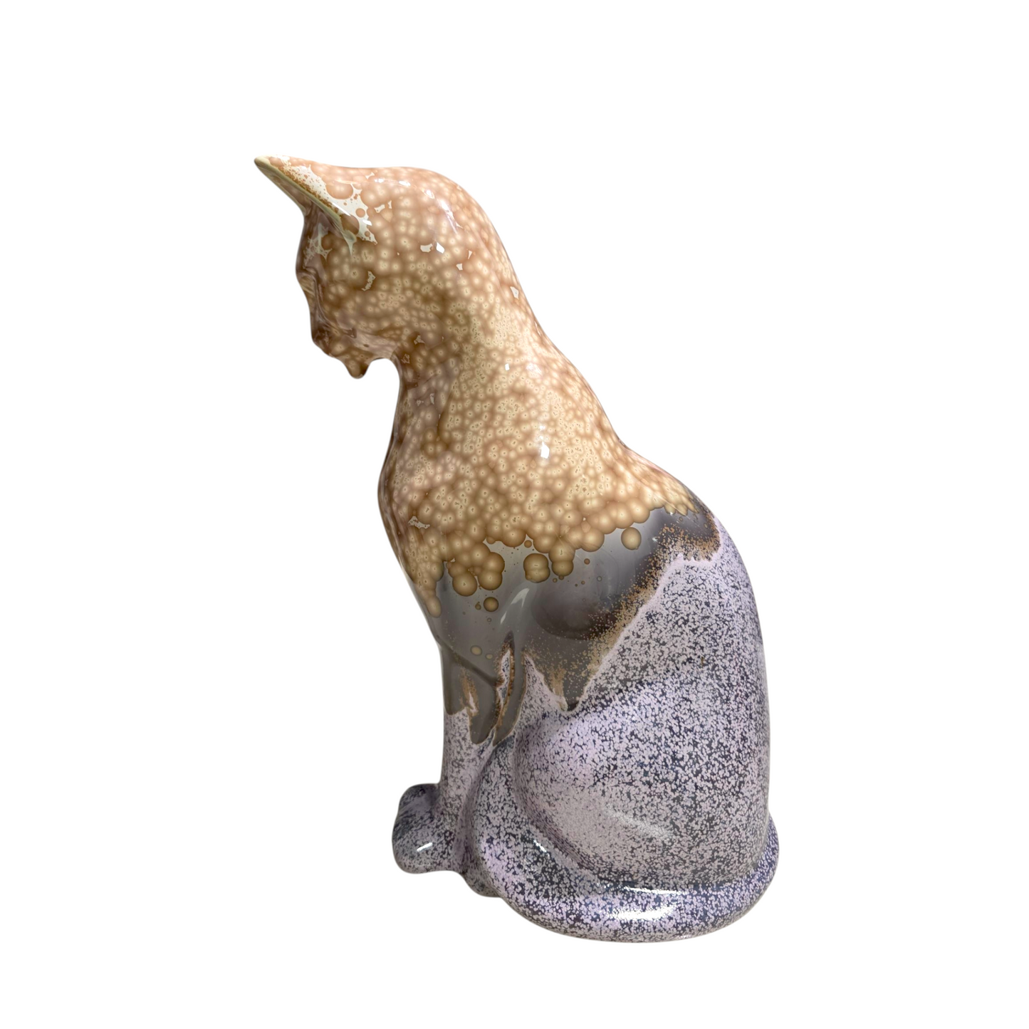 Handmade Porcelain Cat Figurine (Amber Speckled with Lavender Accent Glaze)