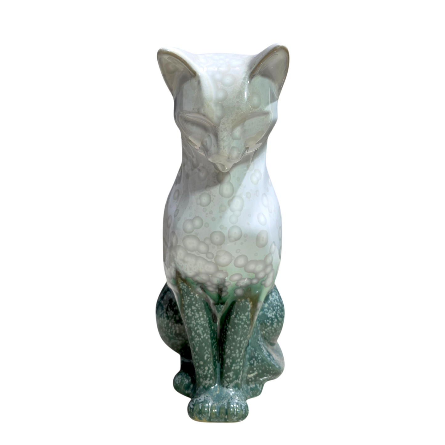 Handmade Porcelain Cat Figurine (Pale Ivory with Seafoam Green Crystalline Glaze)