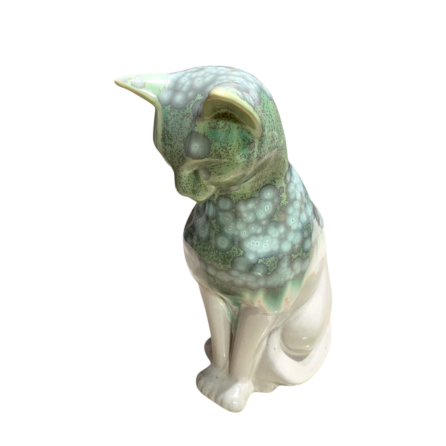 Handmade Porcelain Cat Figurine (Ivory White with Sage Green Crystalline Glaze)