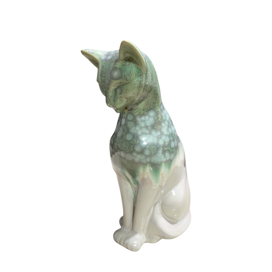 Handmade Porcelain Cat Figurine (Ivory White with Sage Green Crystalline Glaze)