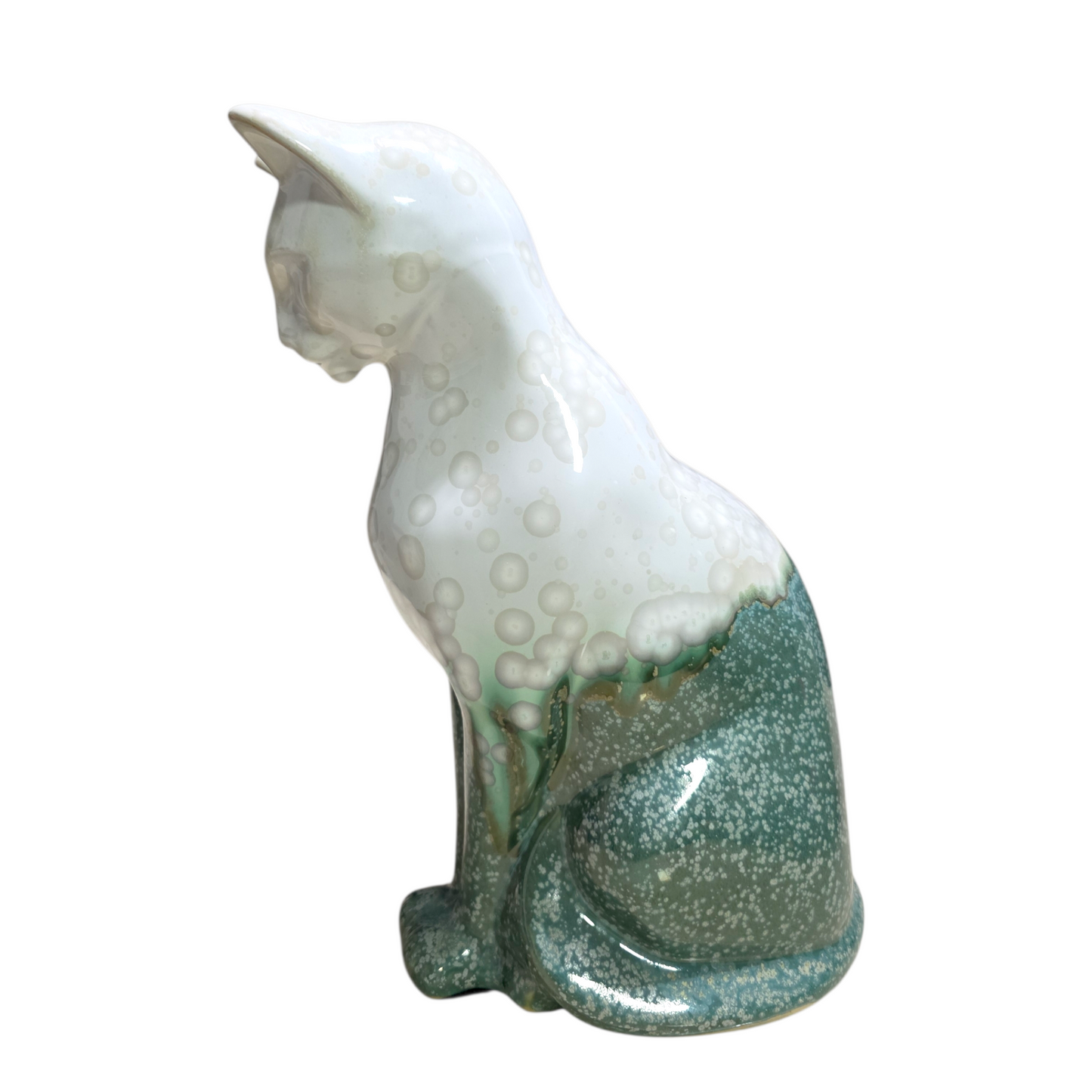 Handmade Porcelain Cat Figurine (Pale Ivory with Seafoam Green Crystalline Glaze)