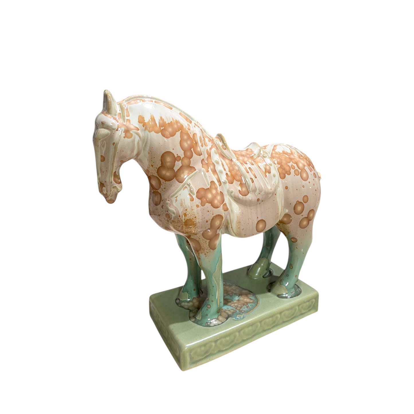 Handmade Porcelain Royal Horse Figurine (Amber Beige & Sage Green Crystalline Glaze)