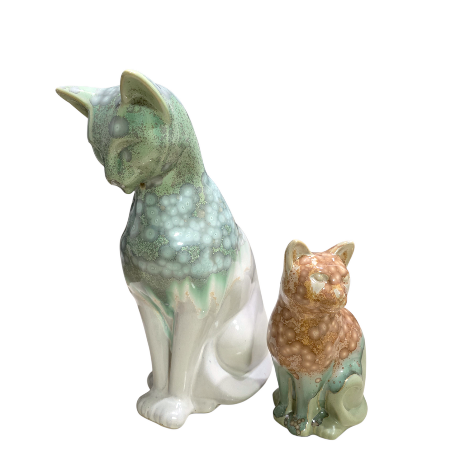 Handmade Porcelain Cat Figurine (Ivory White with Sage Green Crystalline Glaze)