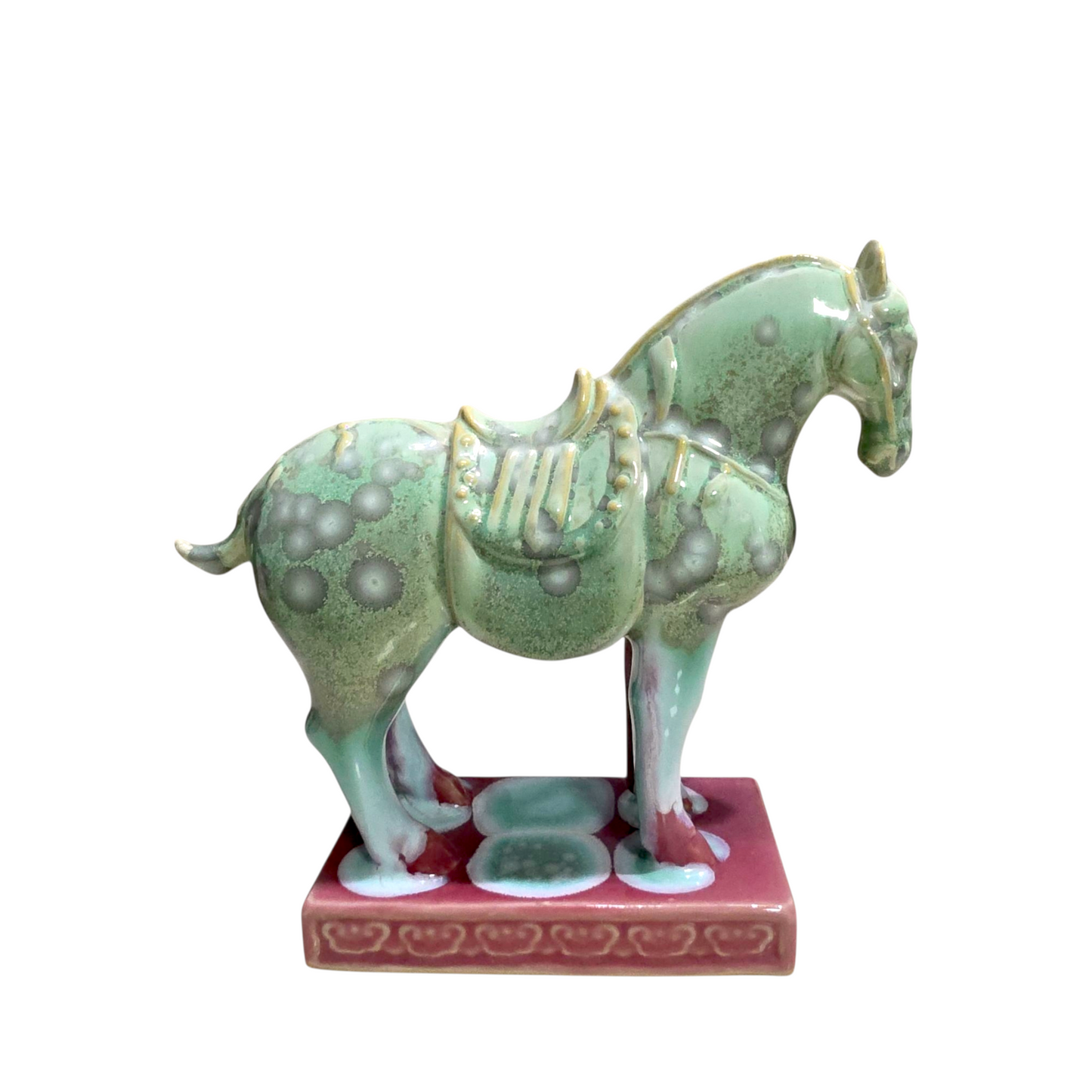 Handmade Porcelain Royal Horse Figurine (Seafoam Green & Rose Pink Crystalline Glaze)