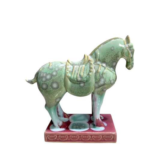 Handmade Porcelain Royal Horse Figurine (Seafoam Green & Rose Pink Crystalline Glaze)