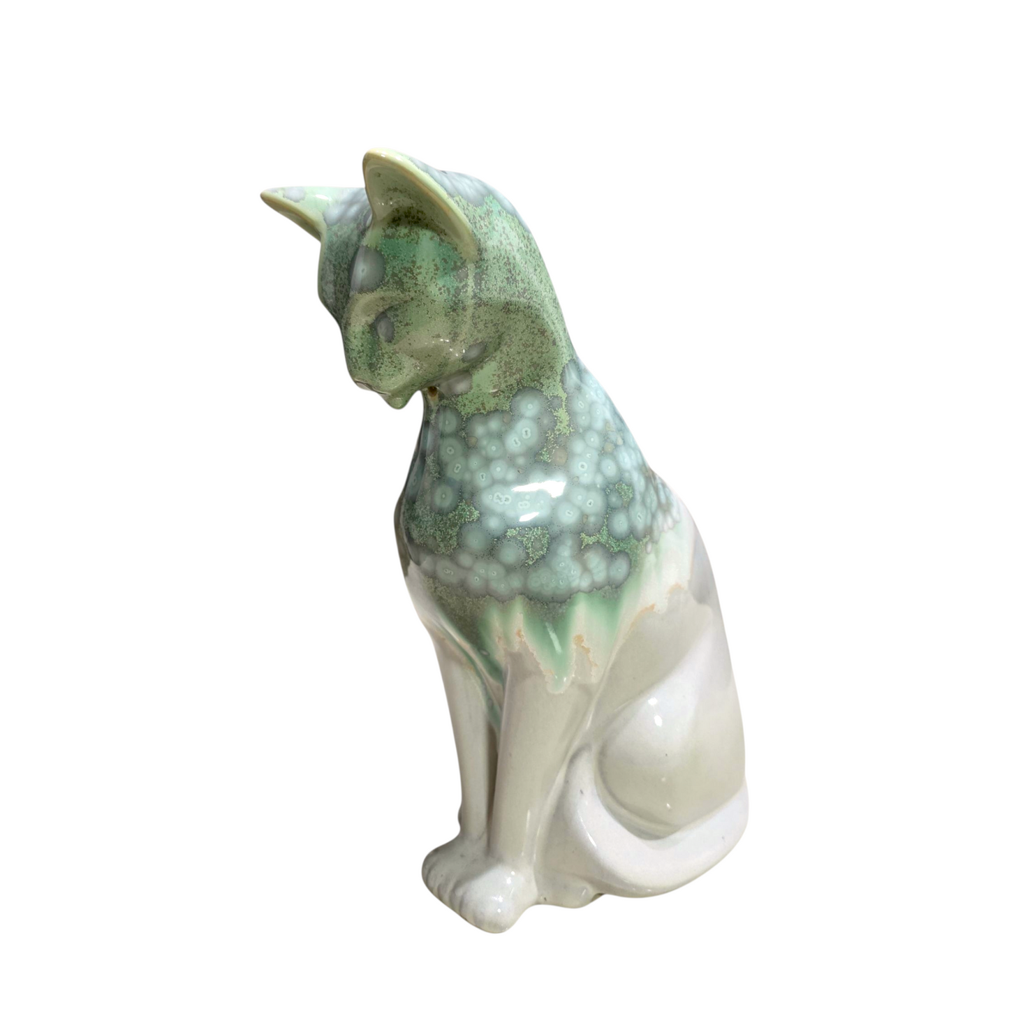 Handmade Porcelain Cat Figurine (Ivory White with Sage Green Crystalline Glaze)
