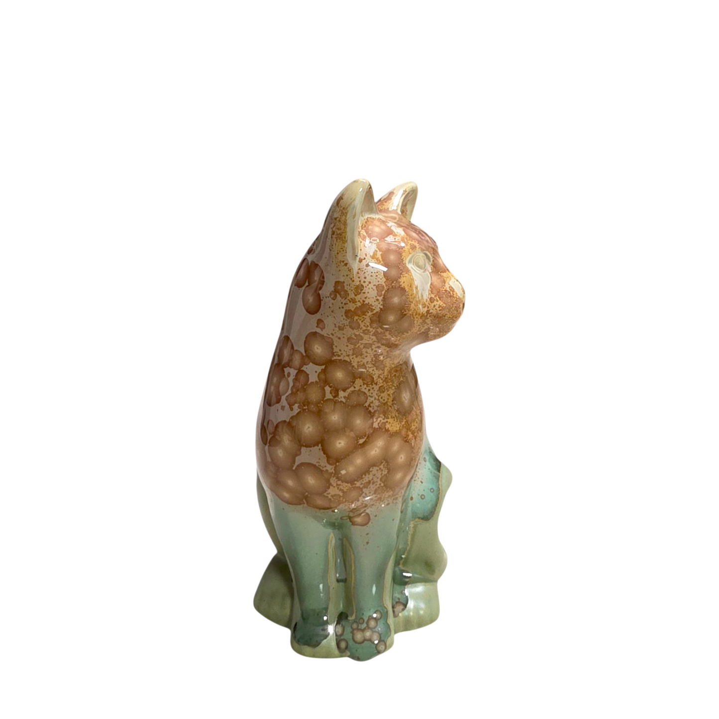 Handmade Porcelain Little Cat Figurine (Amber Speckled with Sage Green Glaze)