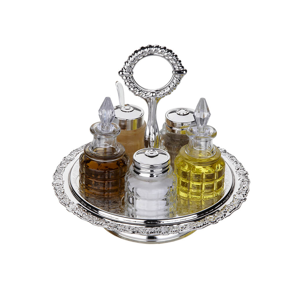 [England Silverware] Silver Plated 360° Rotating Flower Rimmed Cruet Holder Set [𝗦𝗢𝗟𝗗 𝗢𝗨𝗧]