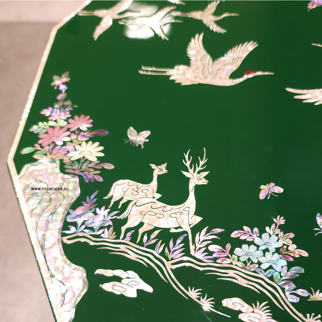 Mother-of-Pearl Inlaid Korean Lacquer Wooden Coffee Table with Foldable feet [Green] 𝟐𝟎% 𝐎𝐅𝐅